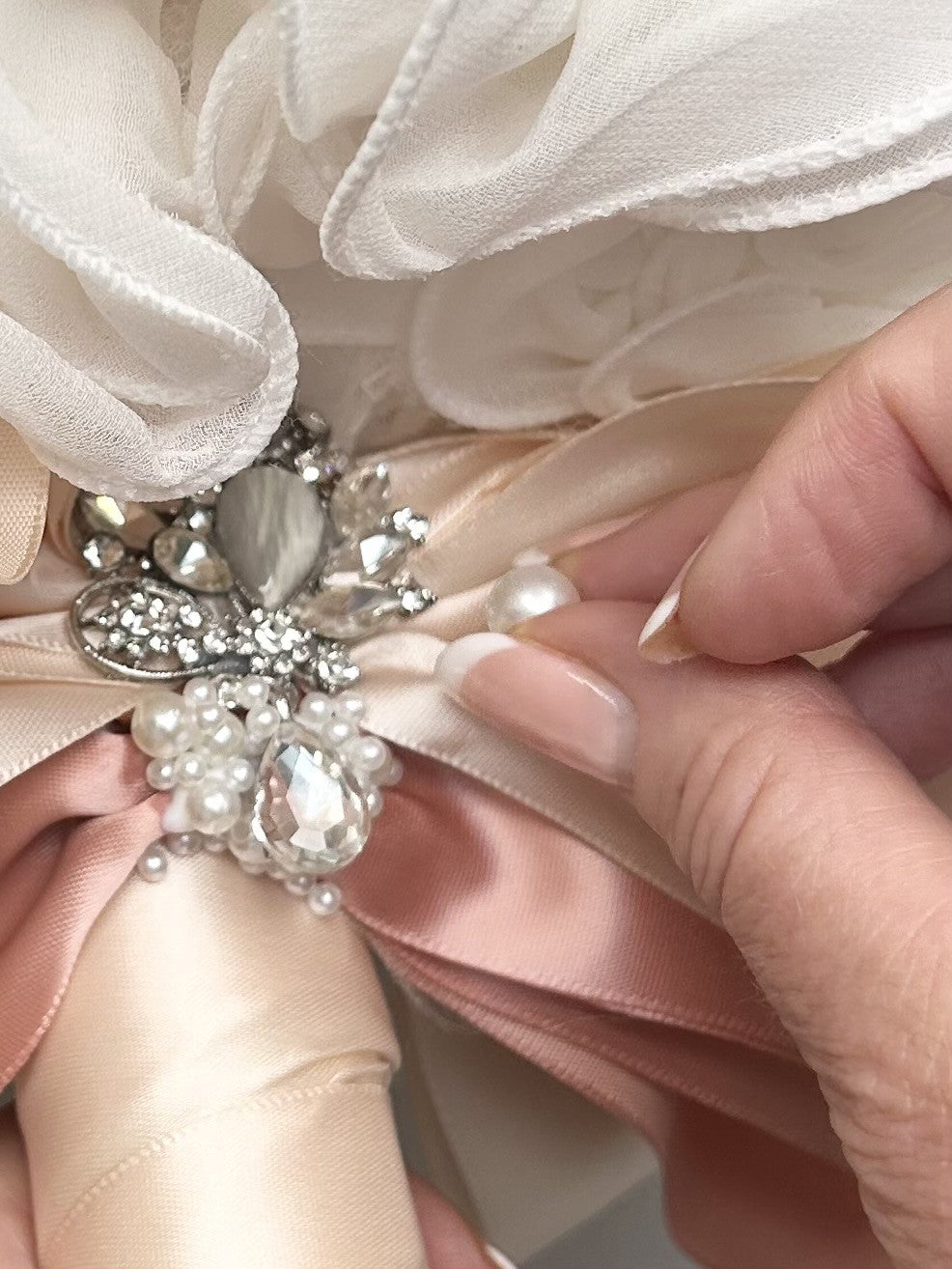 Champagne & Blush Pearl and Diamante Embellished Silk Flower Bouquet