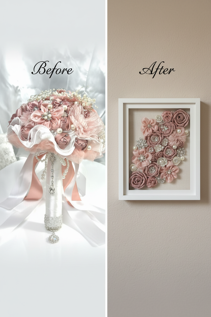 Before and After - Blush Bouquet with Satin Handle to Wall Art