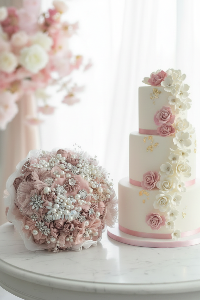 Bouquet by Pink-Accented Wedding Cake