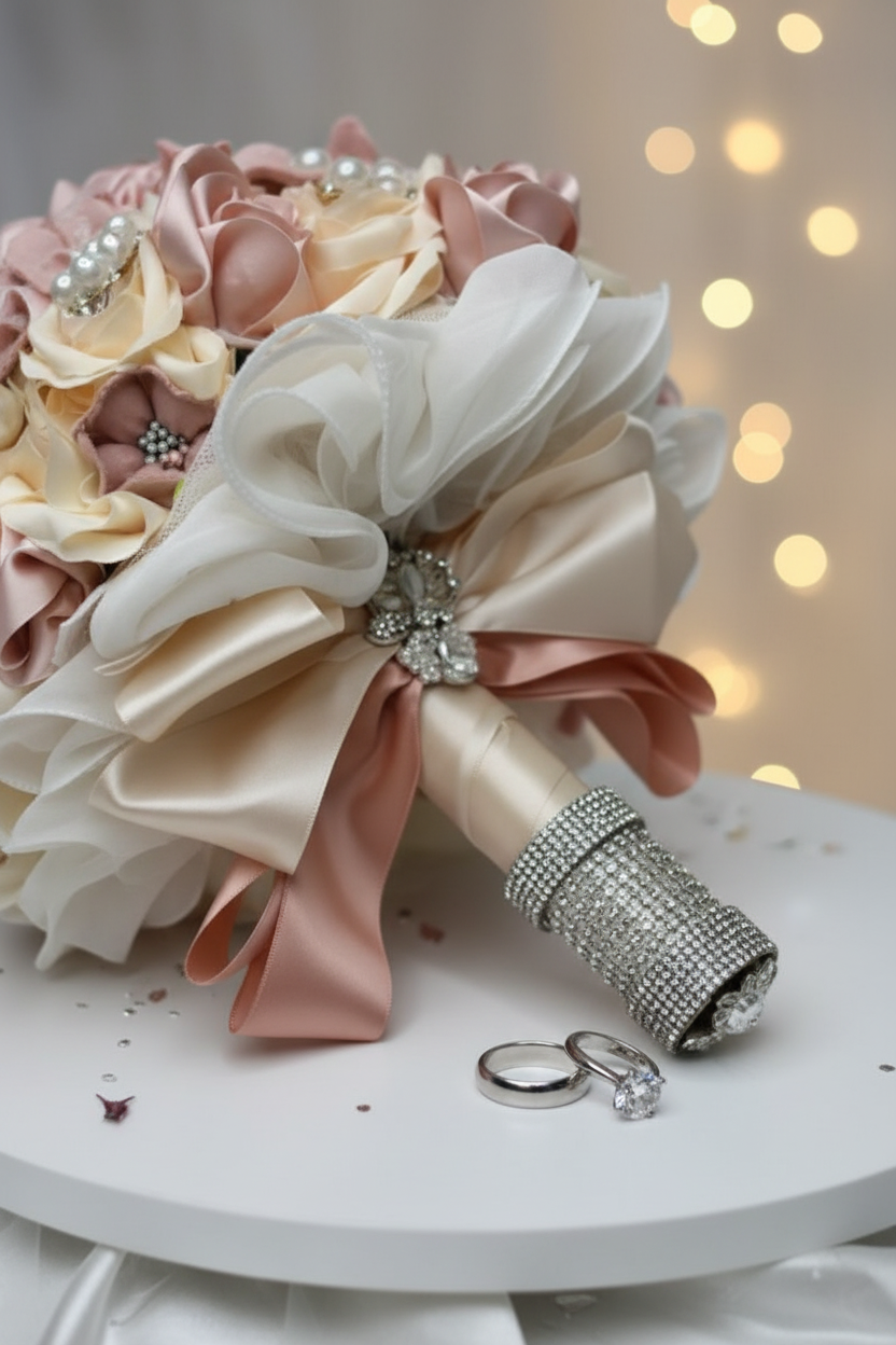 Bouquet with wedding rings lifestyle shot