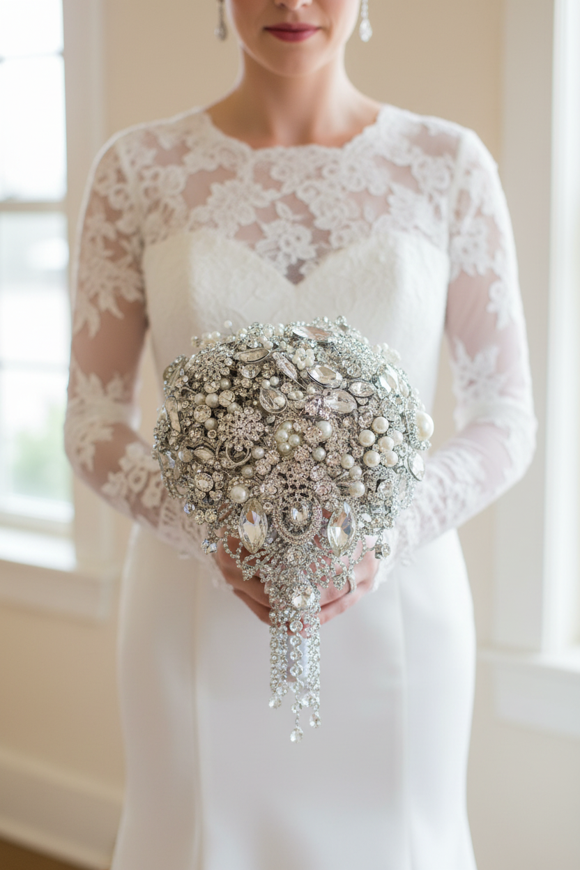 Crystal Brooch Bouquet held by Bride