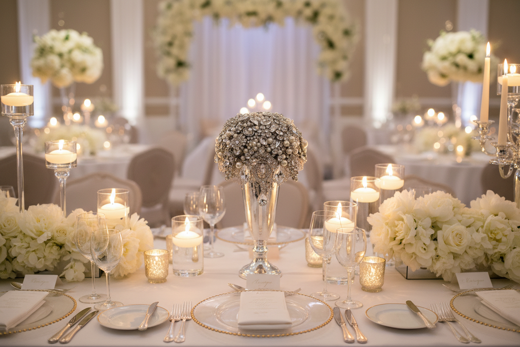 Crystal & Pearl Brooch Bouquet on Top Table