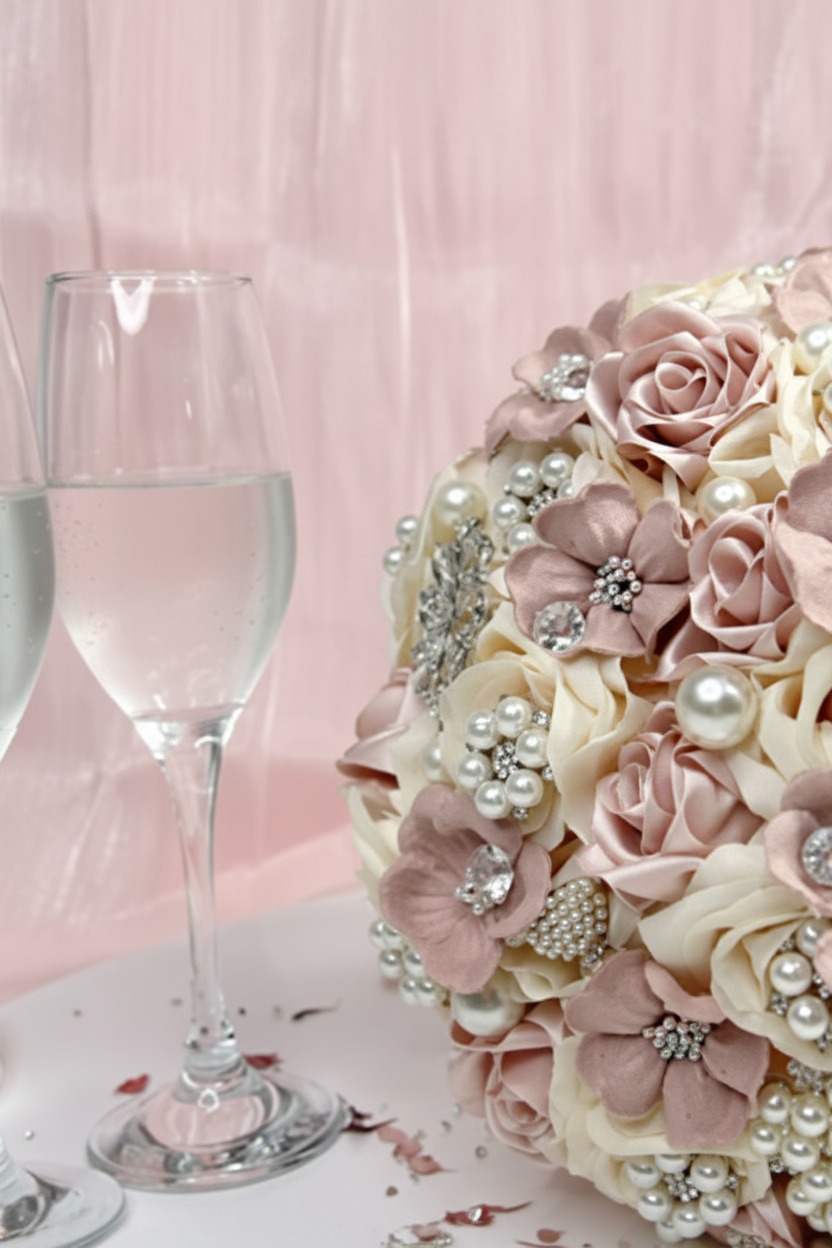 Enhanced bouquet with champagne glasses