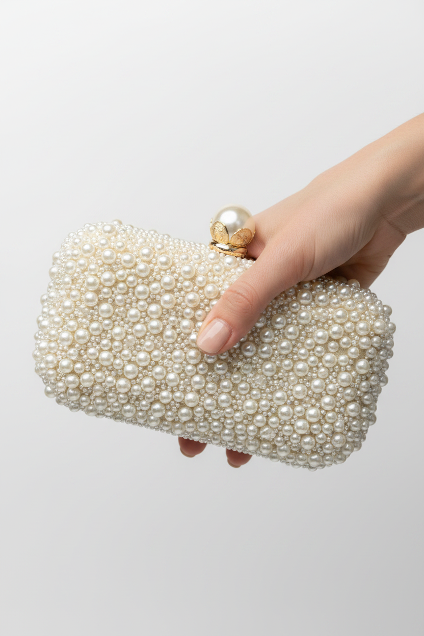 Gold Trim Pearl Clutch Hand Hold