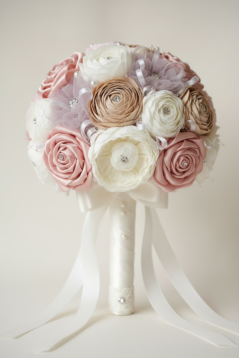 Classic bespoke fabric bridal bouquet with crystals, ribbon details and cascading handle bow