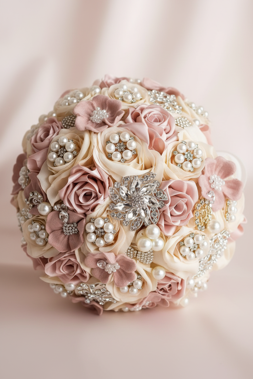 Champagne & Blush Pearl and Diamante Embellished Silk Flower Bouquet