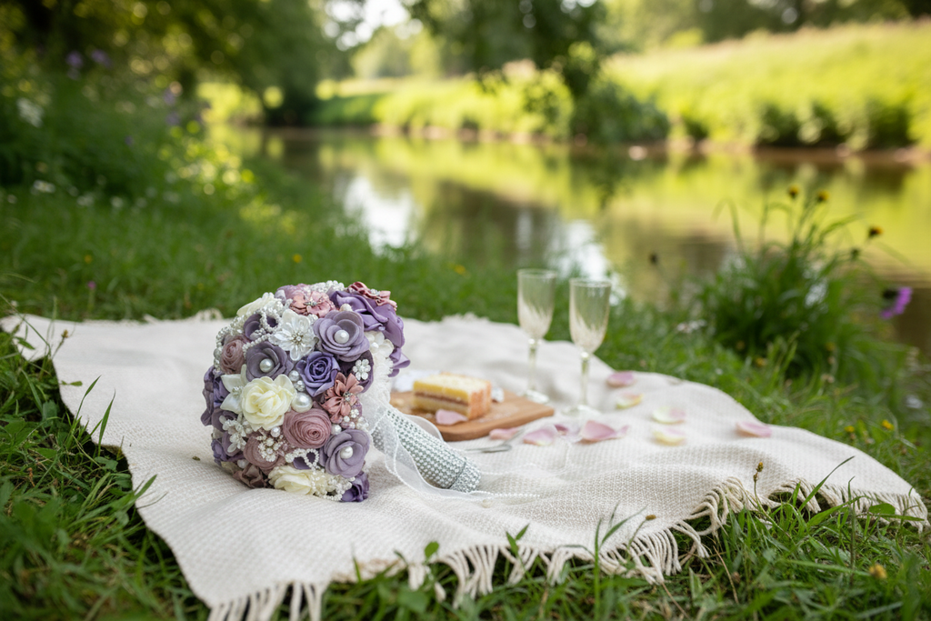 Luxury handmade fabric rose bridal bouquet in mauve, dusty purple, blush pink and ivory with pearl brooches and diamanté crystal handle, resting on a picnic blanket beside a peaceful river