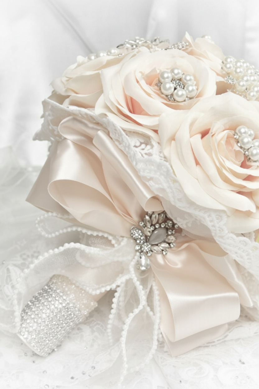 Luxury bridal bouquet with champagne roses, satin ribbon handle, pearl clusters and diamanté brooches