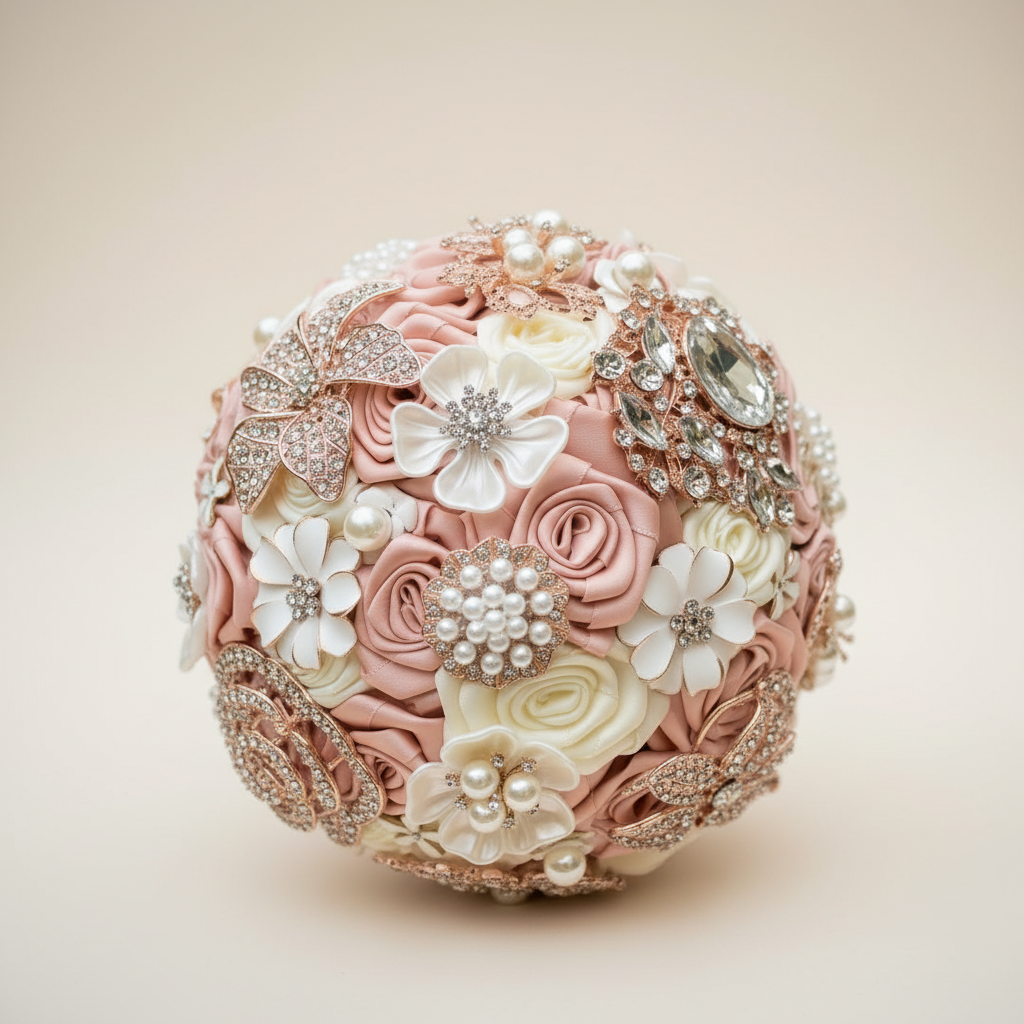 Pink & Ivory with Rose Gold Embellishments bridal bouquet on white background