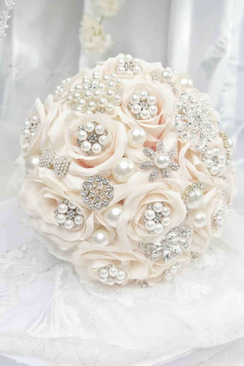 soft delicate peach / champagne faux roses encrusted bouquet with crystal, brooch and diamante details