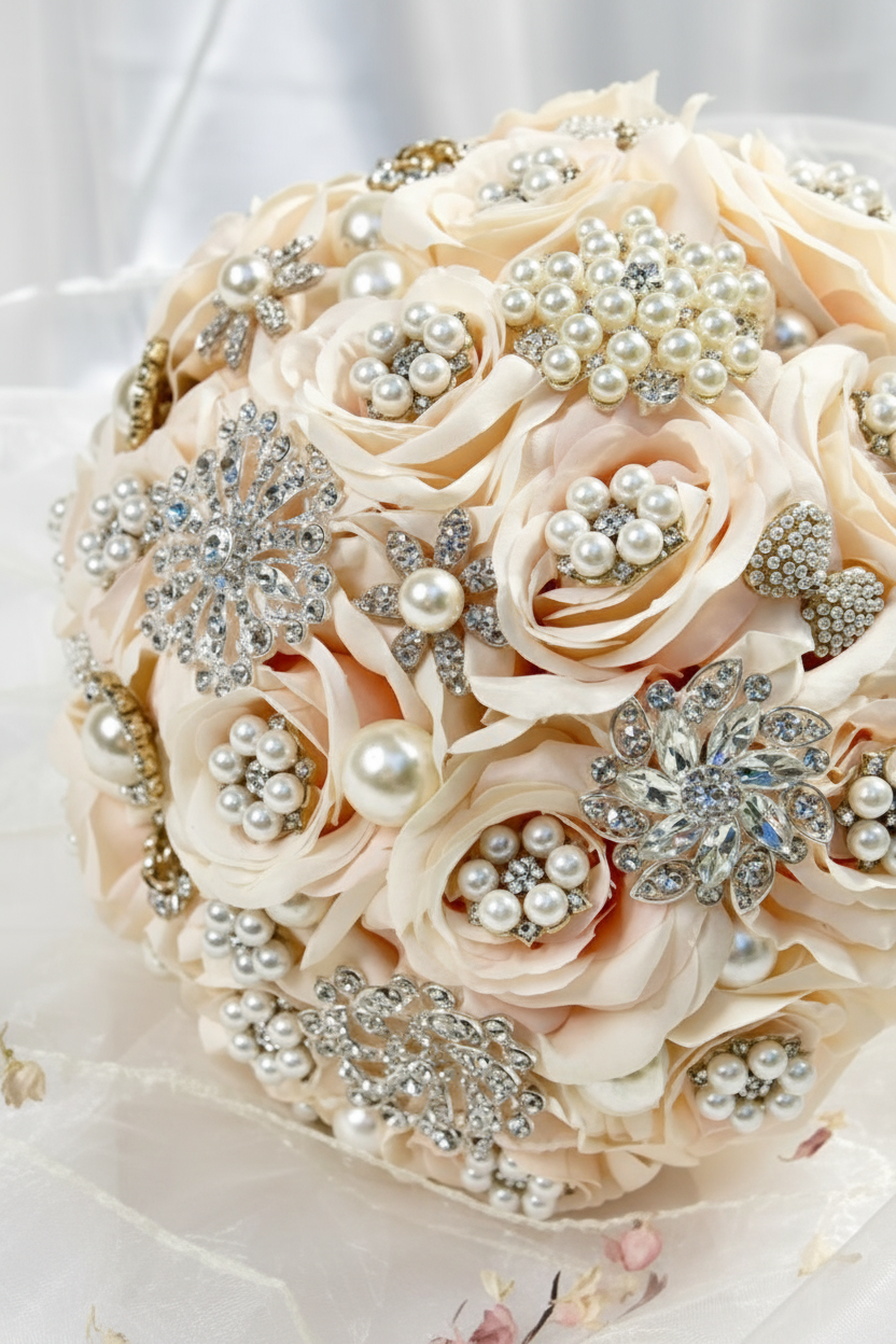Luxury bridal bouquet with champagne ivory peach roses, diamanté brooches and pearl clusters