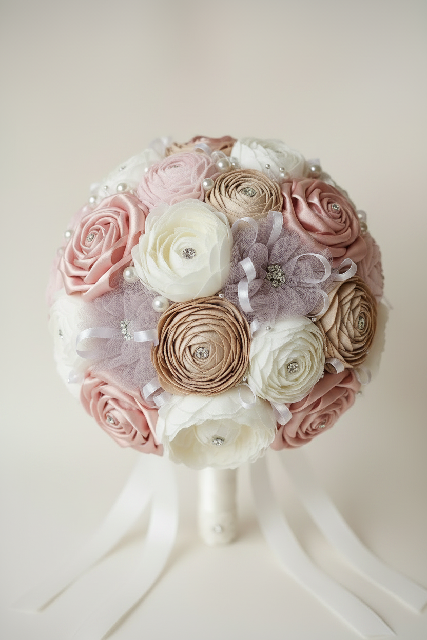 Classic bespoke fabric bridal bouquet with prominent pearl clusters, crystals and ribbon details