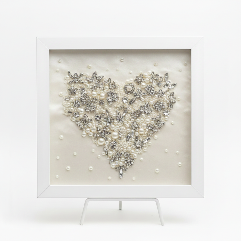 Bouquet Art wall art keepsake — heart shaped pearl and crystal brooch shadow box display
