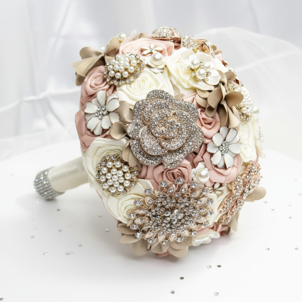 Ivory, Pink & Cappuccino handmade embellished bridal bouquet with rose gold brooches and pearl details - second view