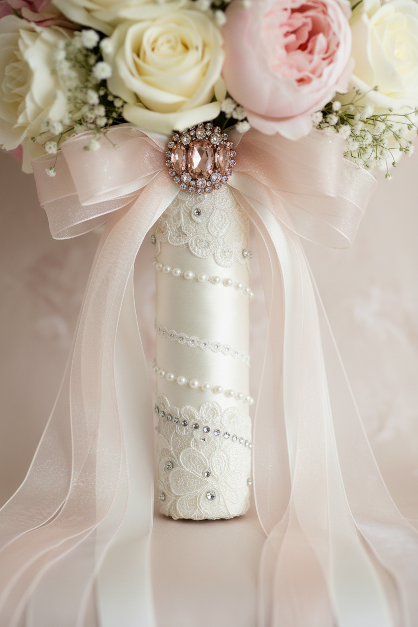 Close-up of luxury bridal bouquet handle wrapped in ivory satin and lace with pearl pins, rhinestones, cascading ribbon bow and jewelled finishing touch