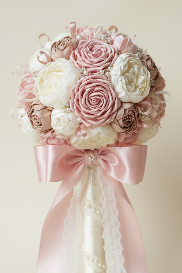 Classic bespoke fabric bridal bouquet with satin ribbon bow handle