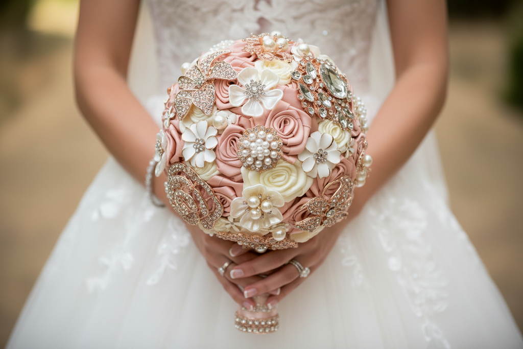 Curated and hand finished blush pink and rose gold satin flower bridal bouquet adorned with crystals and pearls carefully placed to sparkle. Simply stunning.