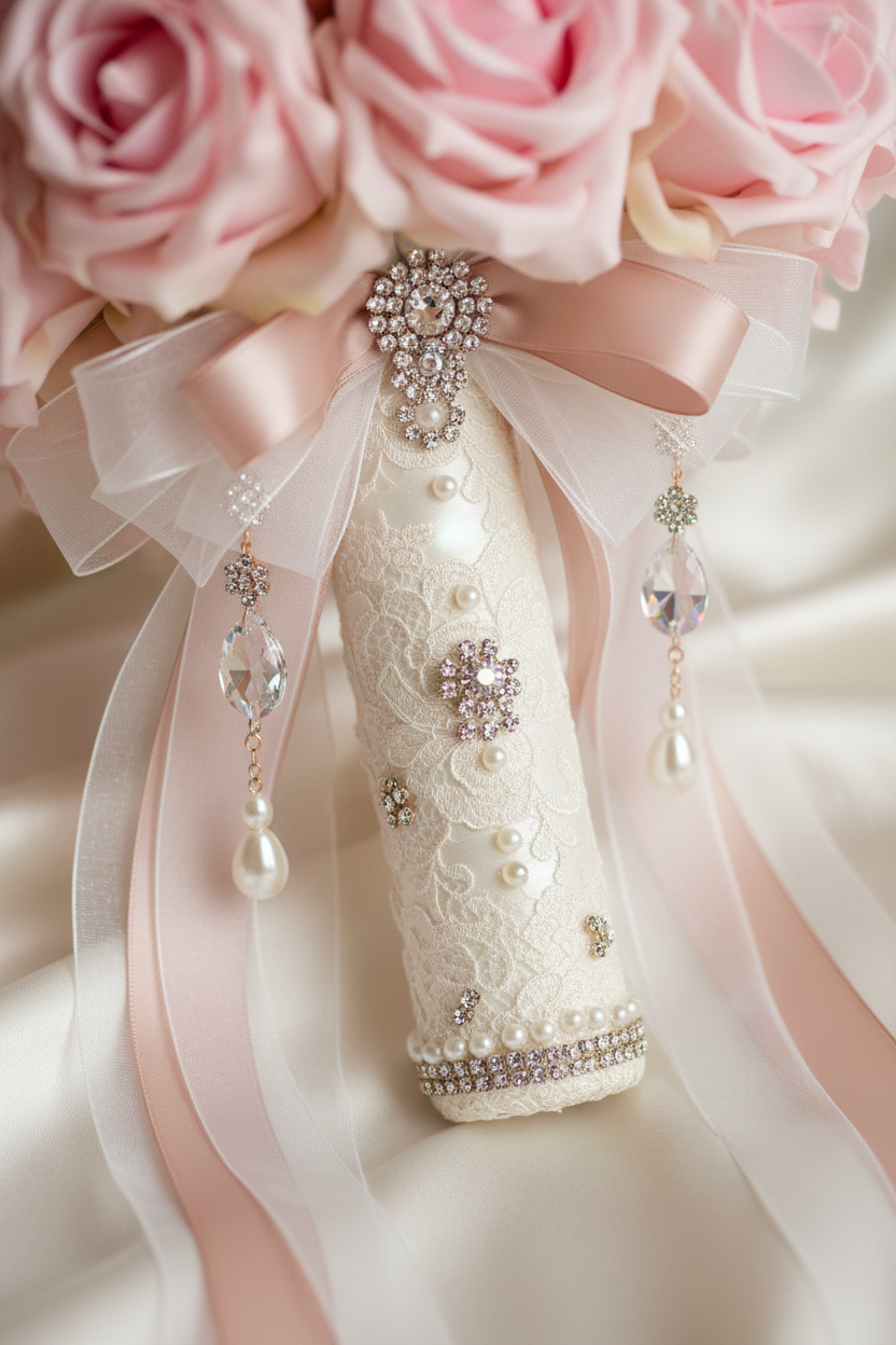 Close-up of premium bridal bouquet handle with ivory lace, pearl pins, rhinestones and cascading crystal ribbon bow
