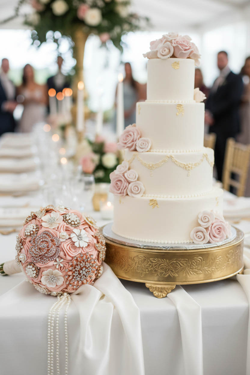 Pink Bouquet by Wedding Cake